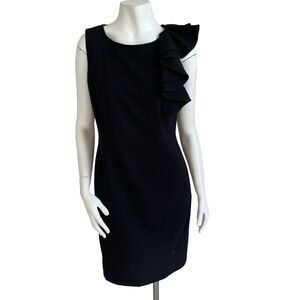 Calvin Klein Ruffle One Shoulder Sheath Cocktail Party Black Dress 6